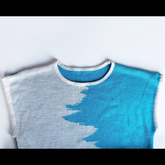 70s abstract knit sweater shirt - sleeveless - vtg turquoise white - Picture 5 of 5